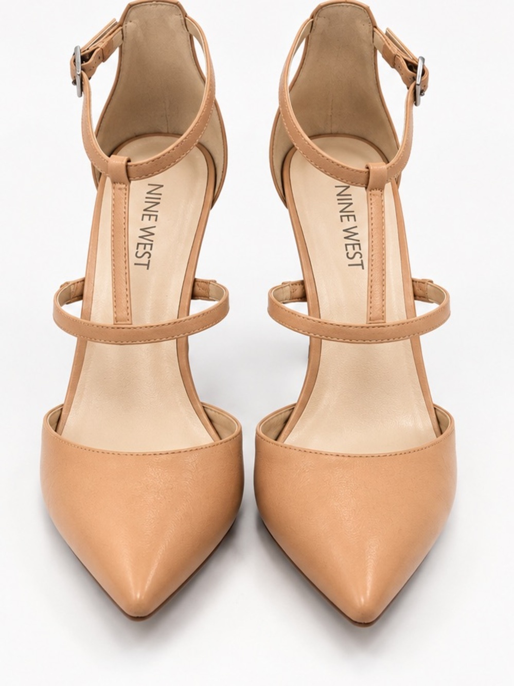 Nine West Tan Leather T-Strap Pointed-Toe Heels